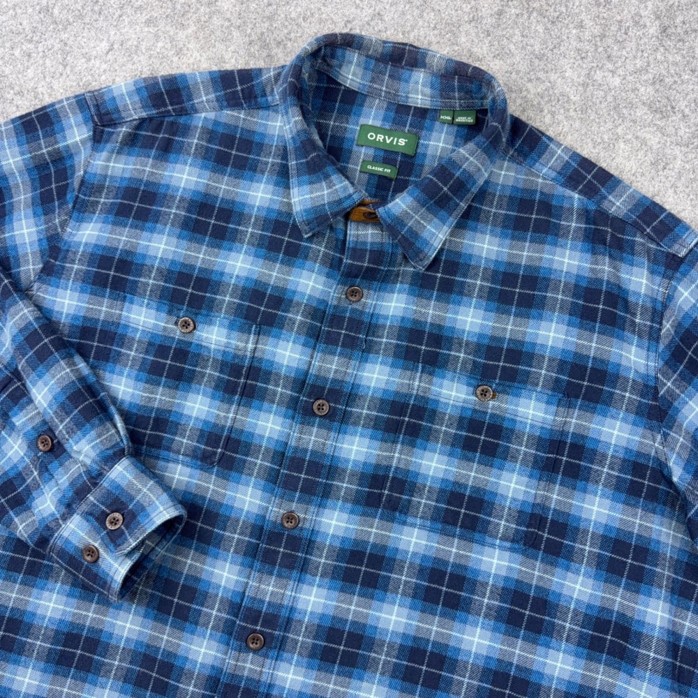 Orvis Flannel Shirt Mens XXL Blue Plaid Perfect Cotton Button Up Long Sleeve